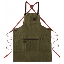 N°547 Tablier de Cuisine à Bretelles Toile Coton Enduit et Cuir Vert O