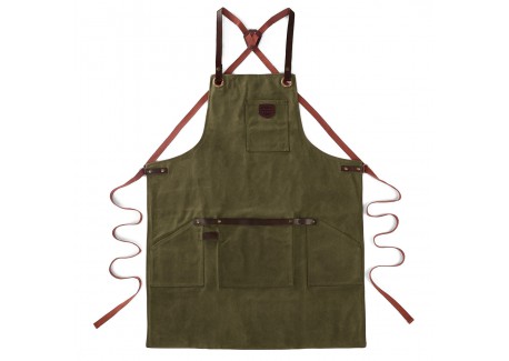 N°547 Keukenschort met Bandjes Gecoat katoenen Canvas Leer Olijfgroen