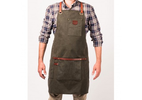 N°547 Tablier de Cuisine à Bretelles Toile Coton Enduit et Cuir Vert O