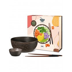 Mangosteen Coffret Bol et Mini Bol pour Poké Bowl Grès Brun + Baguette