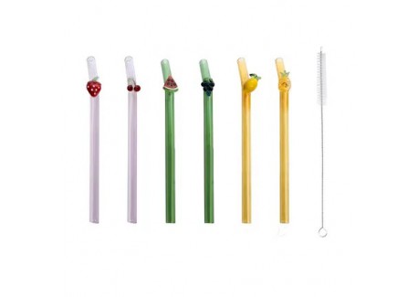 Pailles Réutilisables Colorées en Verre Motif Fruits 6 pcs + Goupillon