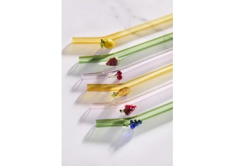 Pailles Réutilisables Colorées en Verre Motif Fruits 6 pcs + Goupillon