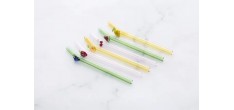 Pailles Réutilisables Colorées en Verre Motif Fruits 6 pcs + Goupillon