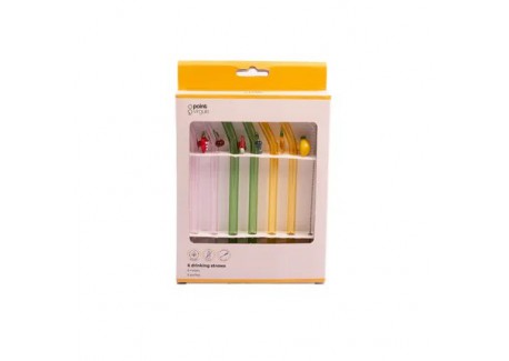 Pailles Réutilisables Colorées en Verre Motif Fruits 6 pcs + Goupillon