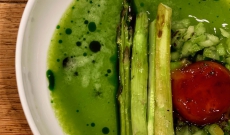Asperges vertes grillées, jaune d’œuf confit, kiwi et huile de persil